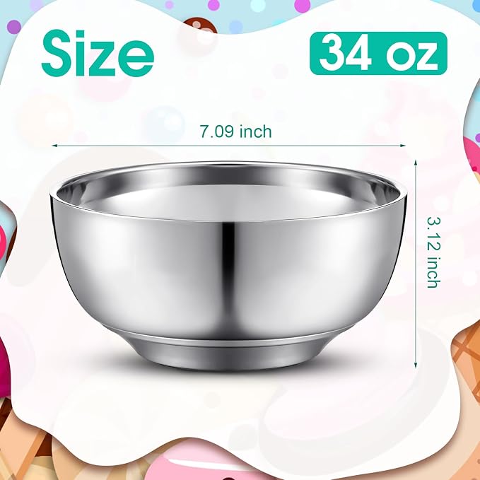 Funnymoom 4 Pack 34 oz Stainless Steel Bowls Double Walled Insulated Soup Ice Cream Metal Mixing Nesting Bowls for Serving Soup Rice Cereal
