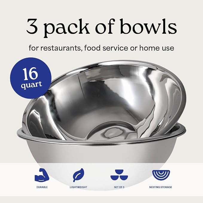 WHYSKO® Large Mixing Bowls, Set of 3 Stainless Steel 16 Quart Bowls for Restaurants, Food Service, Caterers and Home Kitchen Use, Rust Proof Bowls Great for Meal Prep, Baking, Serving, Food Storage