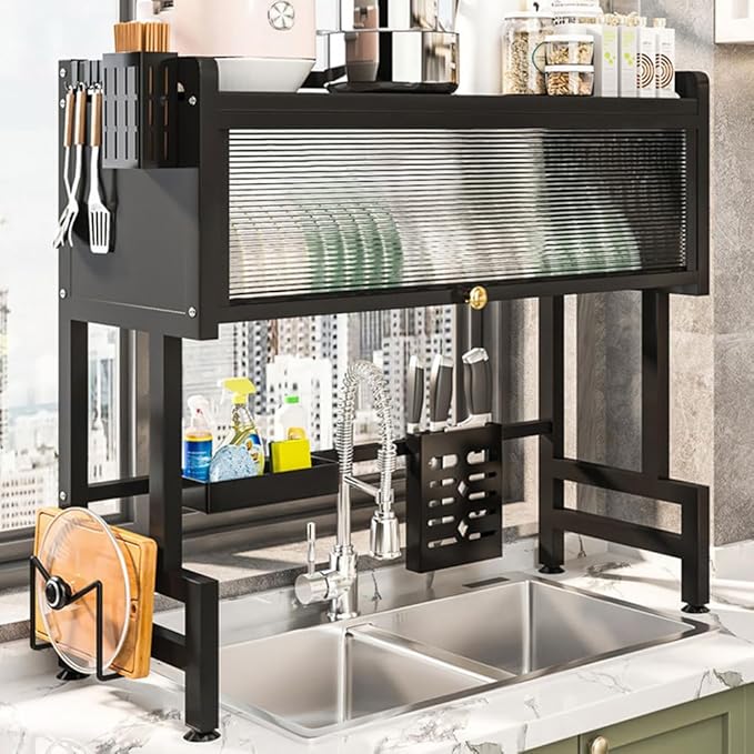 Dish Drying Rack, 3-Tier Over The Sink Dish Drying Rack, 33.5" Over Sink Dish Rack for Small Kitchen, Space-Saving Dish Rack with Cover for Dishes, Glasses, Bowls, Cutlery