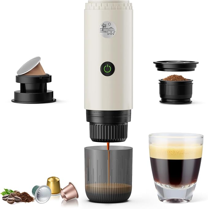 RECAFIMIL Portable Espresso Machine, Travel Coffee Maker for Camping, Car Coffee Maker Self-Heating with USB-C, 2 in 1 With Ground Coffee & NS Capsule for RV, Hiking, Office Gifts for Men(White)