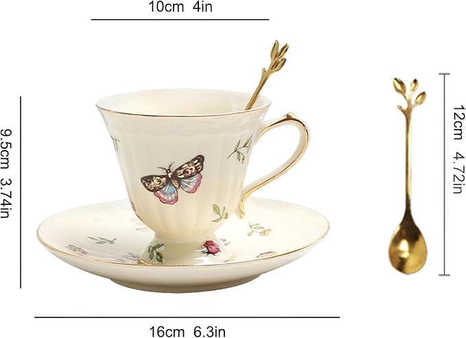 Porcelain Tea Cup and Saucer Set, 8.5 oz/250 ml Ceramic Coffee Mug with Saucer and Spoon, Vintage Coffee Cup with Gold Trim for Mom Women Mother's Day, Butterfly Pattern