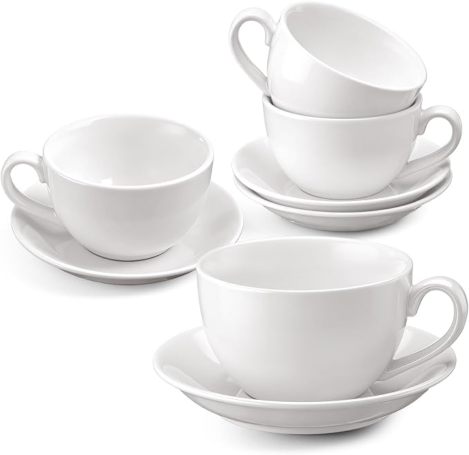 4 Set 16 oz Cappuccino Cups with Saucers Large Ceramic Coffee Mugs White Espresso Cup and Saucer Set Heavyweight Porcelain Housewarming Gift for Tea Espresso Latte Kitchen Cafe