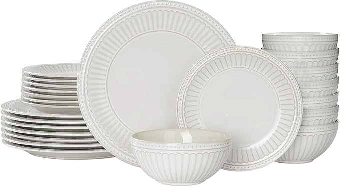 Famiware Garden 24-Piece Embossed Plates and Bowls Sets, Stoneware Reactive Glaze Dishes Dinnerware Set, Modern Rustic, Chip & Scratch Resistant, Microwave & Dishwasher Safe, Service for 8, White