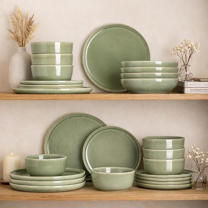 AmorArc Stoneware Dinnerware Sets,Round Reactive Glaze Ceramic Plates and Bowls Set,Highly Scratch Resistant | Dishwasher & Microwave Safe Dishes,Service for 6 (18pc)