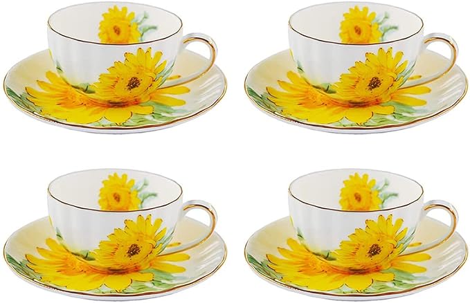 Ceramic Teacup Sunflower Vintage Coffee Mug Tea Cup with Saucer,Set of 4