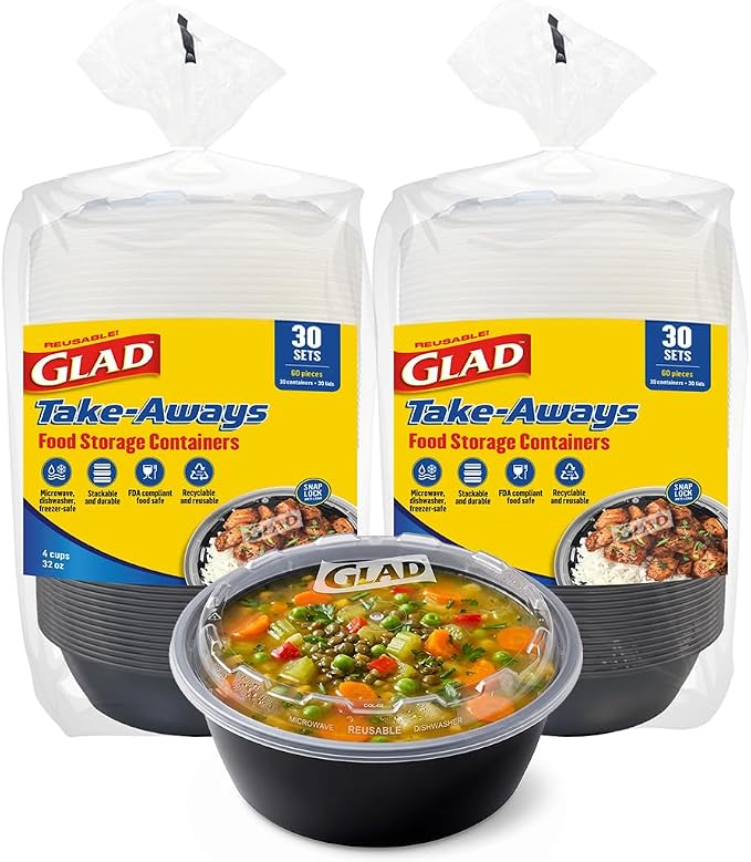 Glad Take-Aways 60-Pack Snap-Seal Round Food Storage Containers, 32 oz, Leak-Resistant Lids, Dishwasher & Freezer Safe, Reusable Meal Prep Bowls, BPA Free, Bulk Value, Made in North America