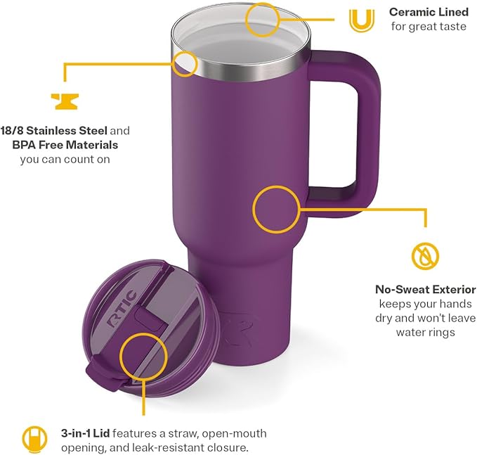 RTIC 40 oz Road Trip Tumbler Double-Walled Cermaic Lined Insulated Stainless Steel Portable Travel Coffee Mug Cup with Lid, Handle and Straw, Berry Jam
