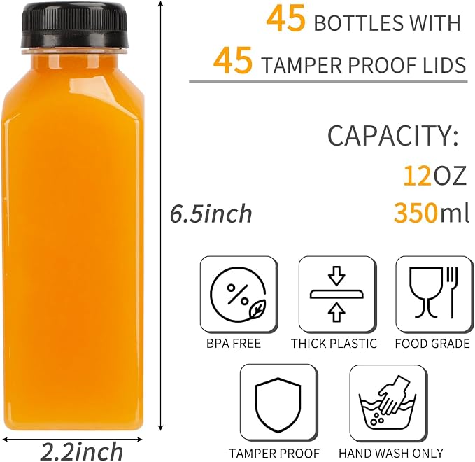 TOMNK 45pcs Juice Bottles, 12oz Reusable Juice Bottles with Caps and Labels, Funnel, Brush Beverage Containers for Juicing, Smoothies, Tea, Milk