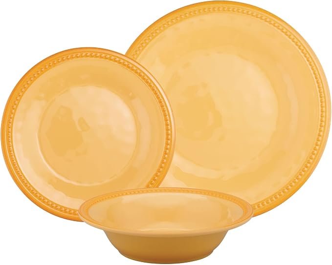 UPware 12 Piece Beaded Melamine Dinnerware Sets, Outdoor Dishes Set, Plates and Bowls Sets, Service for 4, Yellow