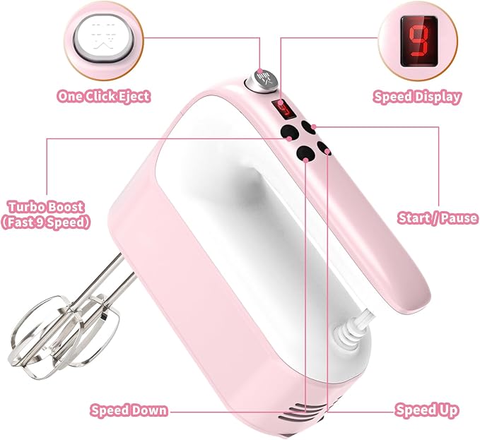 Yomelo 9-Speed Digital Hand Mixer Electric, 400W Powerful DC Motor, Hand Mixer Electric Handheld with Snap-On Storage Case, 5 Stainless Steel Accessories, Beaters, Dough Hooks, Whisk(Pink/White)