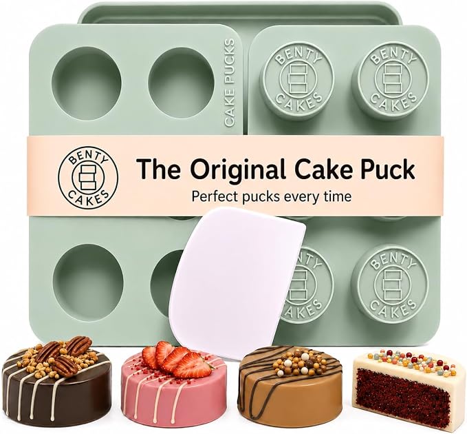 Benty Cakes – The Original Cake Puck Mold Set – Better than a Cake Pop! Make Chocolate Covered Desserts – BPA Free Silicone – Includes 1 Mold Set, 1 Plastic Tray and 1 Scraper – Green