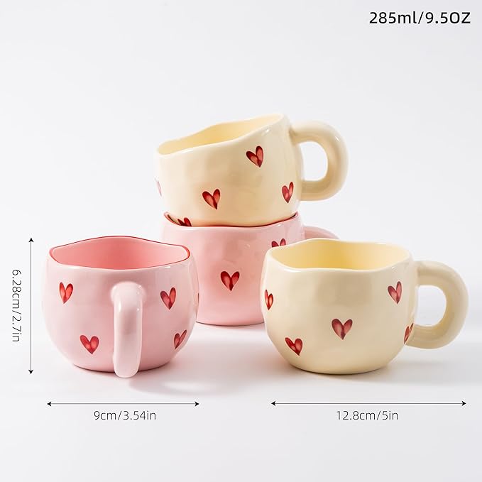 4pcs Ceramic Heart Mugs, 9.4OZ Cute Love Coffee Cup Set, Pink & Yellow, Dishwasher Safe Espresso/Latte Mugs Set, Gift for Women/Mom/Girl Friend(Love)