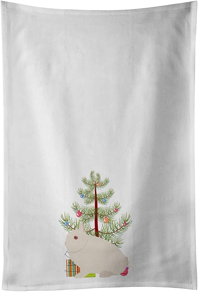Caroline's Treasures BB9331WTKT Hermelin Rabbit Christmas White Kitchen Towel Set of 2 Dish Towels, Teal Decorative Bathroom Hand Towel for Hand, Face, Hair, Yoga, Tea, Dishcloth, 19 X 25, White