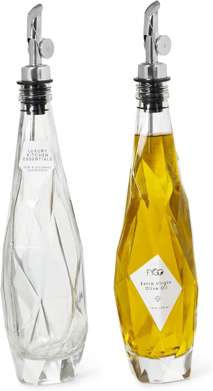 FYGO Diamond Lux Olive Oil Bottle Dispenser - Olive Oil Container- Oil and Vinegar Dispenser Set with Pourer and Funnel - Bottle for Kitchen - 350ml - Set of 2