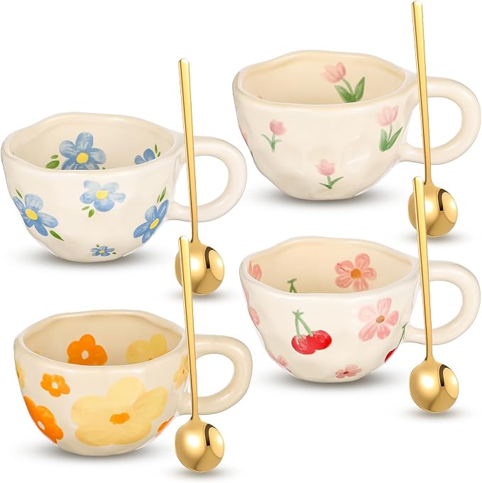 4 Styles Cute Spring Ceramic Flower Coffee Mug Set 8.5 oz Vintage Aesthetic Porcelain Floral Tea Coffee Cup with Handle Dishwasher Microwave Safe for Mother's Day Easter Gift for Women
