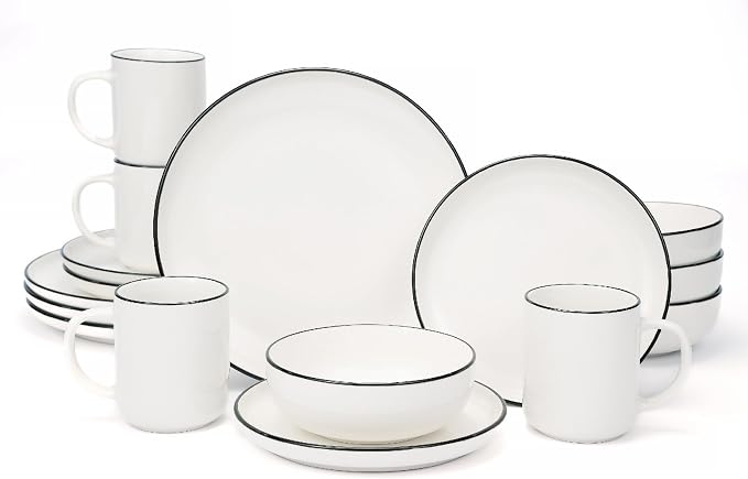 OTAGO 16-Piece Porcelain Dinnerware Set for 4 with Mugs, White Stoneware Plates and Bowls Sets, Ceramic Dish Set for Kitchen, Dinner & Dining, Black Rim, Microwave & Dishwasher Safe