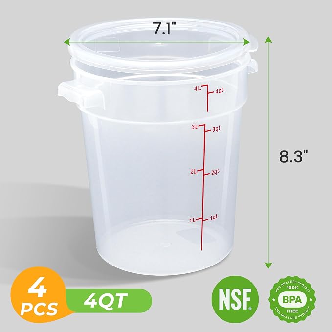 BIEAMA 4 Pack 4 Qt Round Food Storage Containers with Lids, Translucent PP | Include lids, labels, measuring cups and containers with capacity markings for food prep, pantry storage and dough proofing.