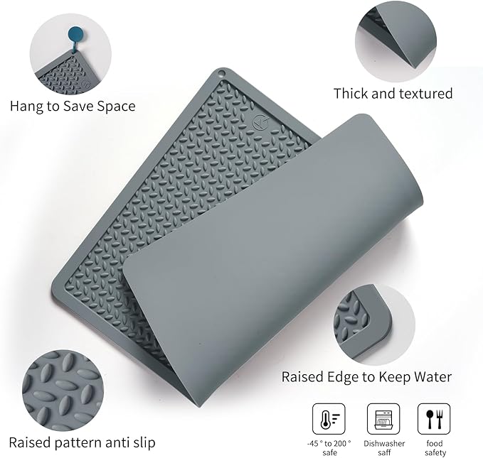 Silicone Drying Mat & Heat Resistant Mat for Kitchen Counter, Non-Slip Dishwasher Safe, Raised Edge for Dishes Bottles Sink (25.5x17.7in, Gery)