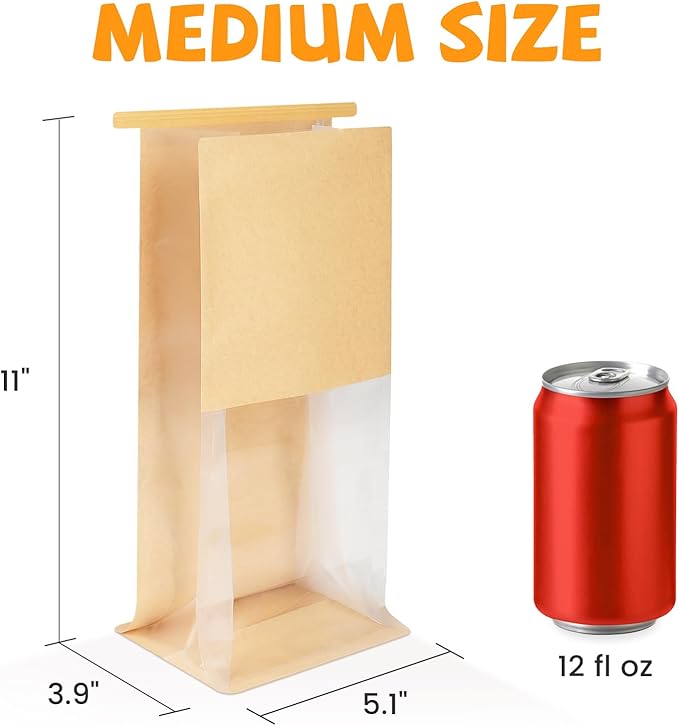 100 Pack Bakery Bags with Window, 5.1x3.9x11 Inches Tin Tie Tab Lock Resealable Cookie Bags for Packaging Bagels, Bread Loaf, Pastry, Baked Goods | Thick Material, Grease Resistant, Self Standing