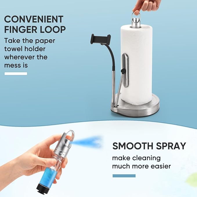 Paper Towel Holder with Spray Bottle (with Phone Holder) for Kitchen Decor and Accessories - Paper Towel Holder Countertop for Home Necessities - Kitchen Phone Holder - Kitchen Phone Stand