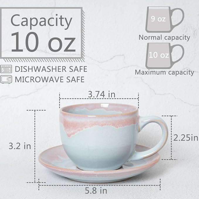 Bosmarlin Ceramic Cappuccino Cup and Saucer Set of 2, 9 Oz, Coffee Cups for Latte, Espresso, Tea, Dishwasher and Microwave Safe, Reavtive Glaze (Purple)