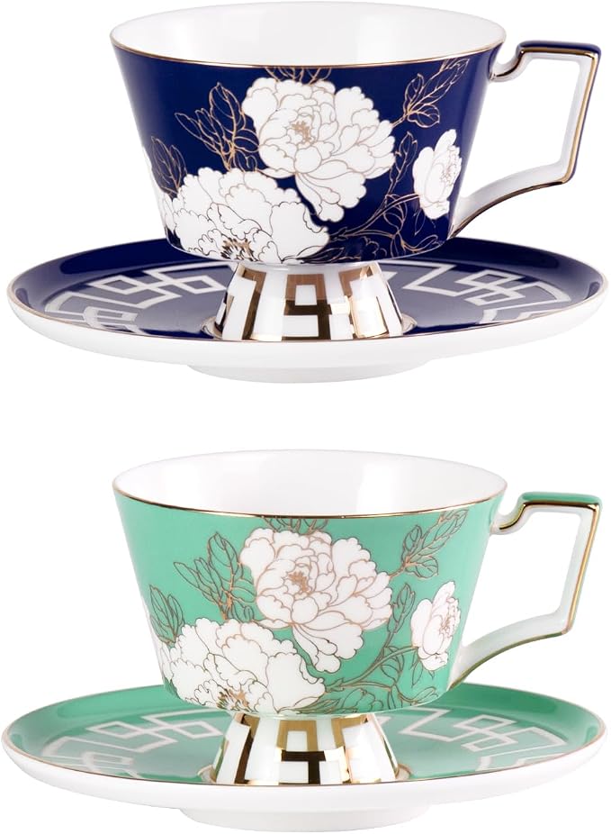 KAMMAK Ceramic Coffee Cups Saucers Set of 2, Porcelain Espresso Cups with Saucers, 8.12 oz Handcrafted Elegant Bone China Tea Cups, Peony Flower Pattern Teacup for Party, Office, Women Gift