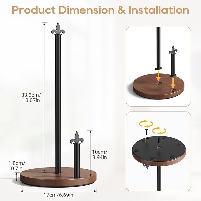 TJ.MOREE Paper Towel Holder Countertop, Wooden Paper Towel Holder with One-Hand Tear Design, Heavy Duty Paper Towel Holder Stand with Oak & Metal Weighted Base for Kitchen