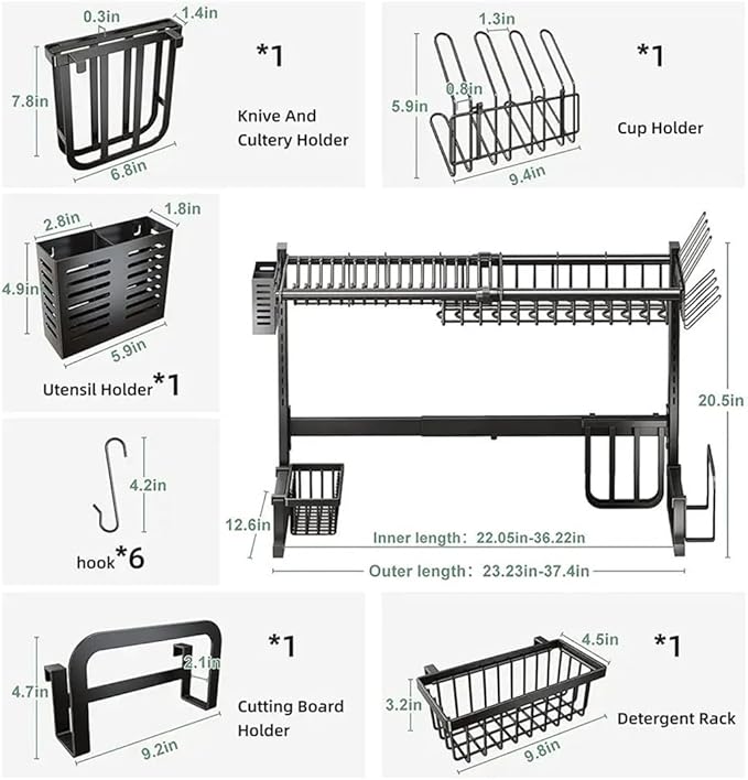 Eimolife Over Sink Dish Drying Rack, 2-Tier Adjustable, Stainless Steel Kitchen Counter Organizer with Hooks, Black