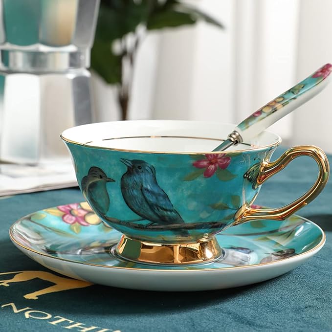 Bone China Blue Bird Tea Cup with Saucer Spoon 3 Piece Set（7oz） Cappuccino Cups, Coffee Cups, Tea Cup Set, British Coffee Cups, Porcelain Tea Set, Latte Cups, Mother's Day Gift