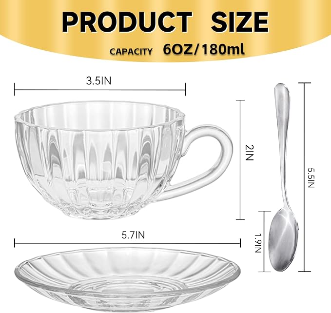 Glass Tea Cups and Saucers Set of 6, Clear Coffee Mugs with Stainless Steel Spoon, Dishwasher & Microwave Safe Teacups for Espresso Cappuccino Latte Tea Juice, 6OZ/180ML