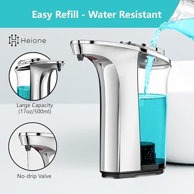 Automatic Soap Dispenser Touchless - Battery Operated Sensor Liquid Soap Pump for Kitchen Sink & Bathroom - Silver Glossy Color, 5 Adjustable Levels, IPX4 Waterproof, 17oz / 500ml