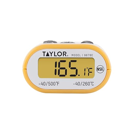 Taylor Compact Waterproof Digital Food Thermometer, 4.5 Inch Stem Length with an FDA Recommended 1.5mm Stepdown Probe Diameter and Amber Backlit LCD, HOLD, Min/Max; NSF, Yellow