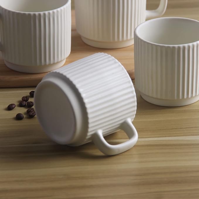 Stackable Coffee Mugs Set of 4, 7 OZ Espresso Ceramics Cups for Latte Cappuccino Cocoa with Handle, Beige