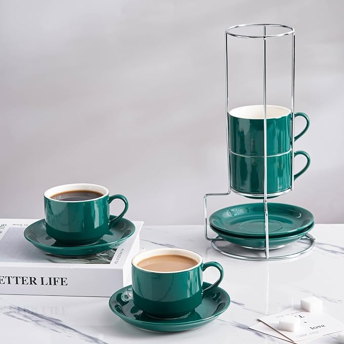 8oz Porcelain Cappuccino Cups with Saucers and Metal Stand, Stackable Coffee Cups for Specialty Coffee Drinks, Cappuccino, Latte, Espresso, Americano and Tea - Cups Set of 4, Green