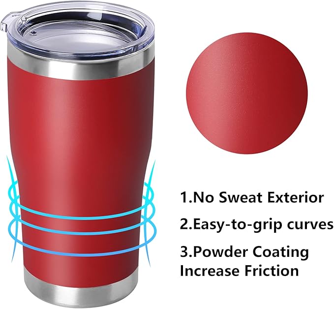 DOMICARE 20oz Tumbler with Lid Stainless Steel Tumblers Bulk, Double Wall Vacuum Insulated Coffee Travel Mug Powder Coated Tumbler, 1 Count (Pack of 1) Red