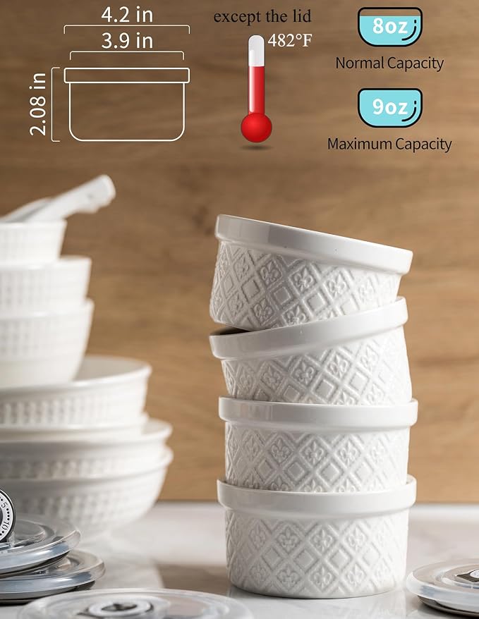 9 oz Ramekins with Lids, Creme Brulee Ramekins Oven Safe, Small Ceramic Serving Bowls Dessert Bowls, White Custard Cups for Baking, Dipping Sauce Cups, Pinch Bowls Ideal for Gifts, Set of 4