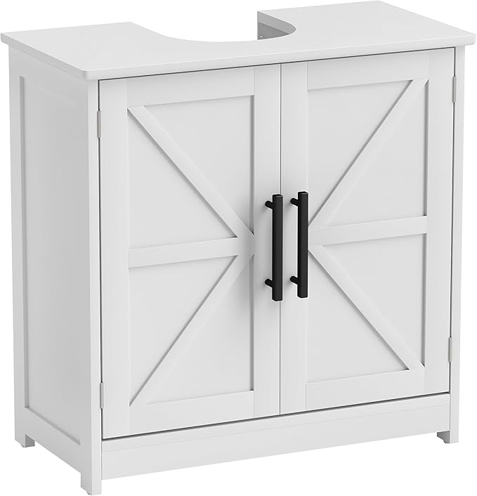 HOMCOM Pedestal Sink Storage Cabinet, Farmhouse Freestanding Bathroom Sink Cabinet with 2 Barn Doors and Adjustable Shelf, White