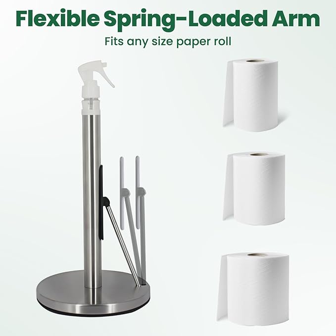 Paper Towel Holder with Spray Bottle,Heavy-Duty Countertop Kitchen Paper Towel Holder,Stainless Steel One-Handed Tear Kitchen Towel Dispenser for Countertop (Silver)
