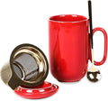 vicrays Ceramic Tea Mug Infuser - Large Cup 16 oz Hot Loose Steeping Handle Teacup with Leaf Infuser Spoon Lid - Tall Glazed Strainer Coffee Mug Microwave Safe - Red