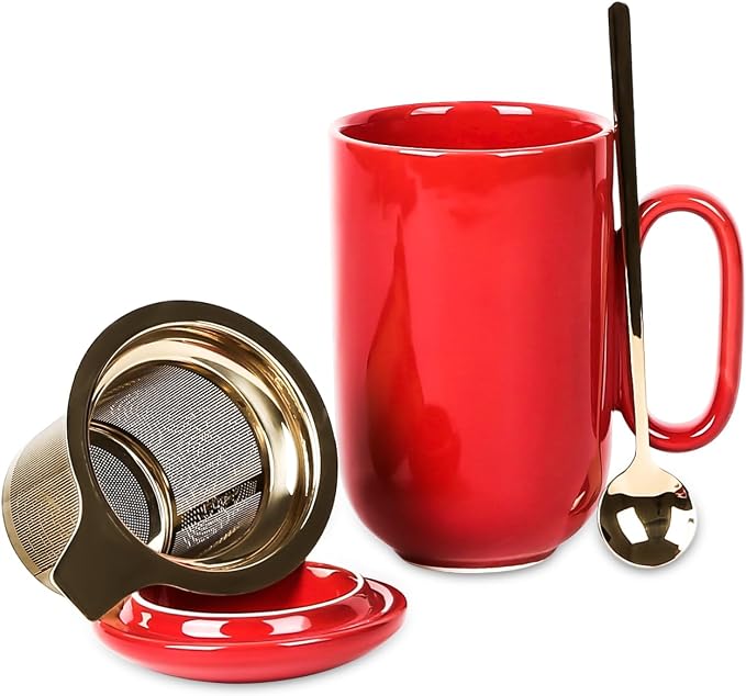 vicrays Ceramic Tea Mug Infuser - Large Cup 16 oz Hot Loose Steeping Handle Teacup with Leaf Infuser Spoon Lid - Tall Glazed Strainer Coffee Mug Microwave Safe - Red