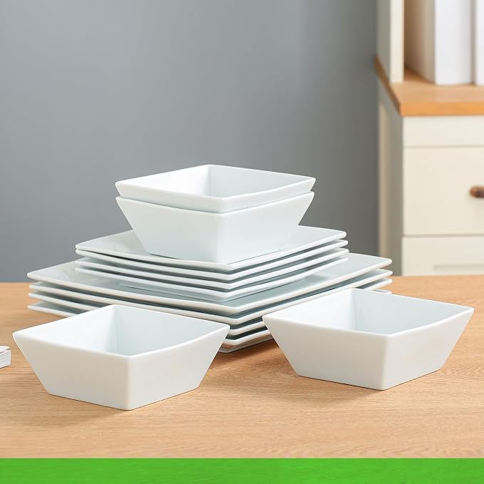 DOMINI 12-Piece Ceramic Kitchen Dinnerware Set, Service for 4, Porcelain Dishes Dinner Set, Square Dinnerware Sets with Dinner Plates, Dessert Plates and Pasta Bowls,Square-White