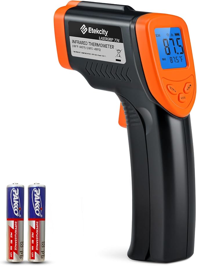 Etekcity Infrared Thermometer Laser Temperature Gun 774, Meat Food Candy Oven Thermometer for Griddle Accessories, Heat Gun for Cooking Refrigerator Tools, Adjustable Emissivity & Max Measure, Orange
