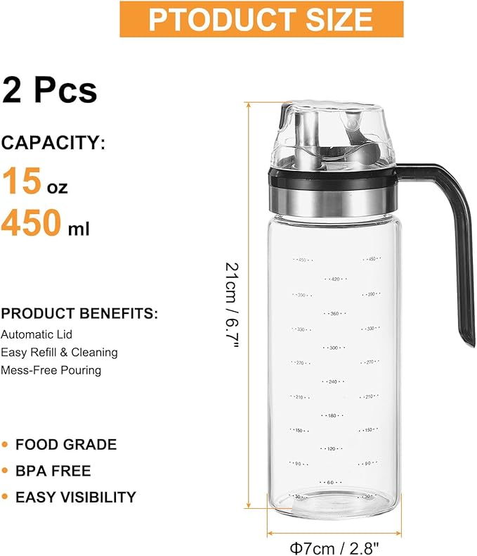 uxcell 2Pcs Oil and Vinegar Dispenser Set, 15oz/450ml Glass Oil Bottle with No Drip Spout, Glass Oil Dispenser with Scale for Kitchen Cooking