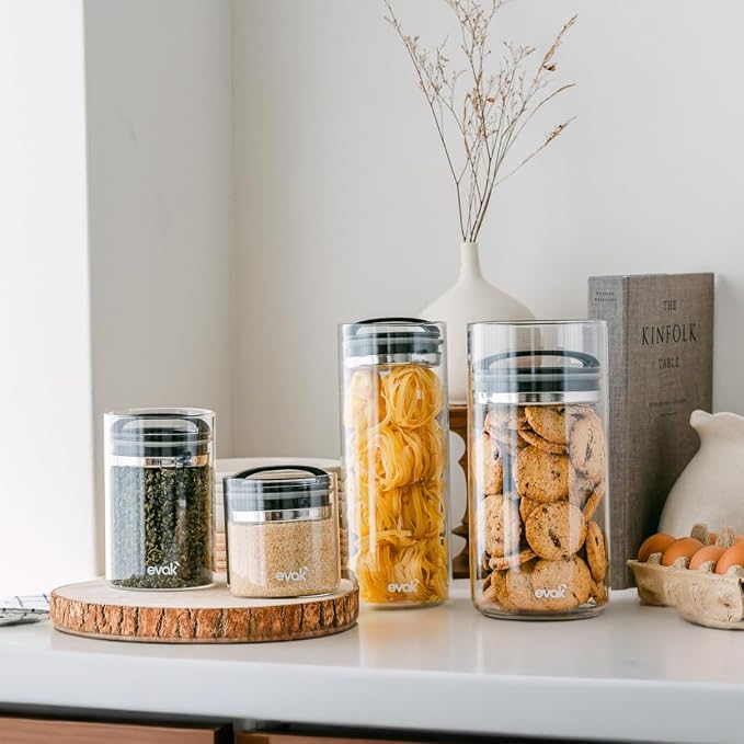 Prepara Evak Compact Airtight Food Storage Container, Large (6" x 3.75")– Glass Canister with Black Gloss Handle, Vacuum Seal Keeps Food Fresh Longer, Ideal for Coffee, Tea & Pantry Storage