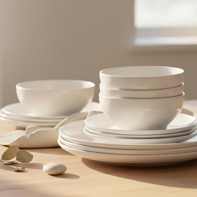 Porcelain Dinnerware Set 12-Piece Service for 4 Lightweight, Chip Resistant, Ceramic Plates Bowls Set Oven, Microwave, Dishwasher Safe, Scratch-Resistant (Porcelain Set, Piece, 12)