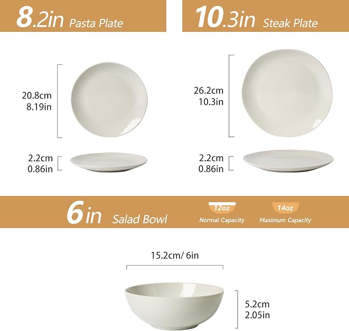 Ceramic Dinnerware 12 Pieces glazed cream white Dinner Set,Plates Pasta Bowls Cereal Bowls Reactive Change Glaze Dish Sets, Modern Stoneware Dishe (glazed cream white)