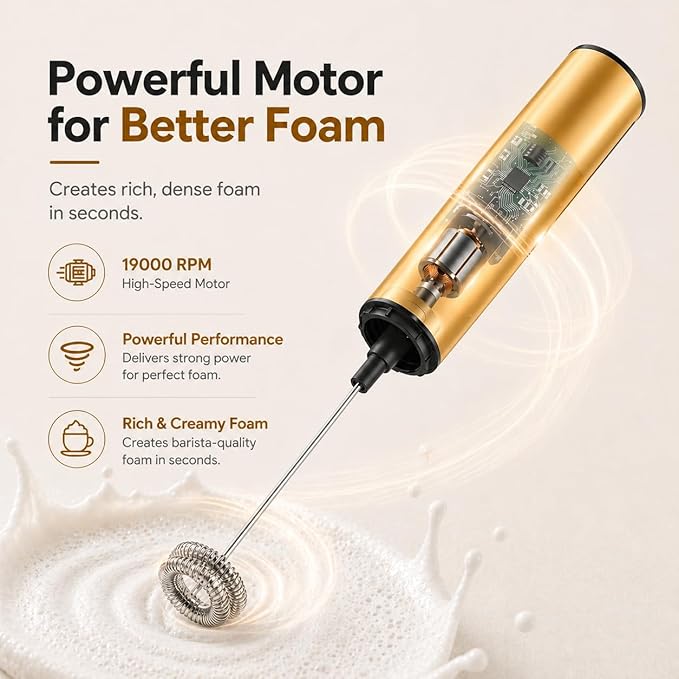 Rechargeable Milk Frother with Stand, Electric Whisks Foam Maker, POWERFUL USB C 2 Speed Handheld Drink Mixer for Coffee, Latte, Cappuccino, Matcha Drinks,Golden