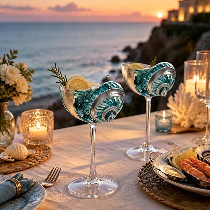 LYFJMUS 2 Pcs Seashell Wine Glasses Wedding Wine Glasses Conch Cup Martini Cocktail Glass Cup for Birthday Wedding Beach Bridesmaids Anniversary Party (Green+White, 6.3inch)