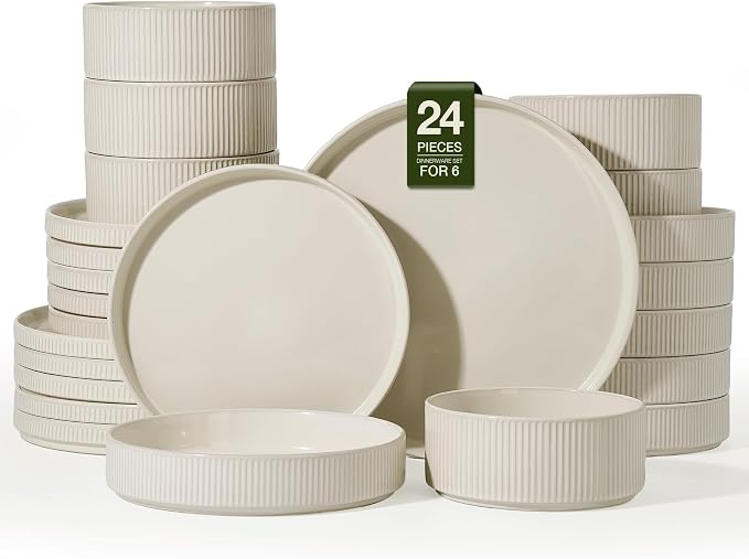 Famiware Star 24-Piece Stoneware Dinnerware Set for 6 – Shallow Pasta Bowls & Flat Plates – Modern Rustic Dishes, Everyday & Formal Use – Chip & Scratch Resistant, Microwave & Dishwasher Safe, Oat