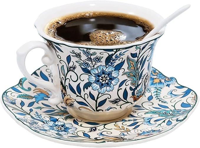 Bone China Tea Cup and Saucer Set with Spoon，Elegant Floral Tea Cup Set (7 oz)，British Coffee Latte Mug